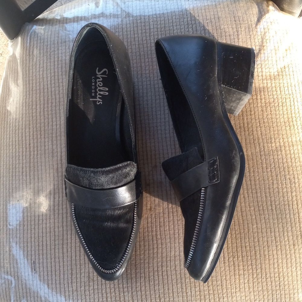 Shellys London Black Calf Hair Zipper Heeled Loafers Size 40